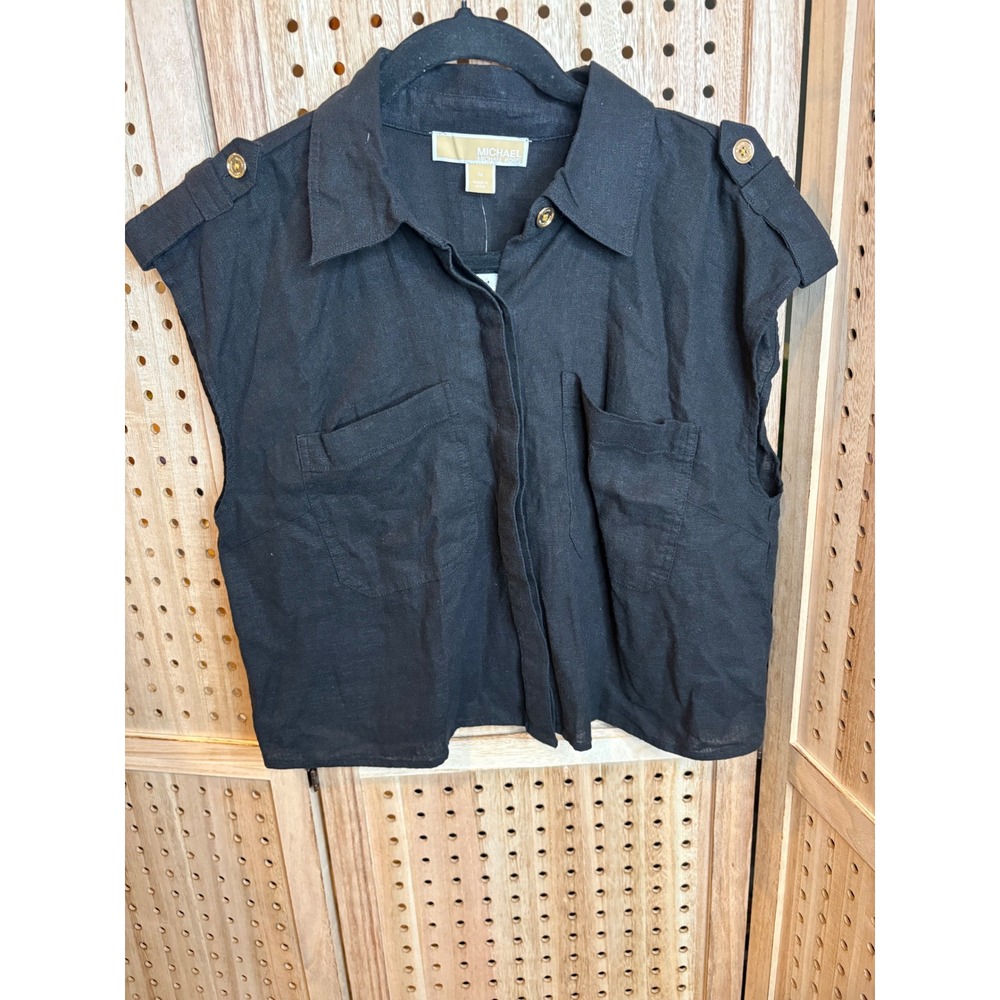 Michael Kors Womens Black Linen Blend Utility Shirt Epaulets QT6410HEU2 Size M